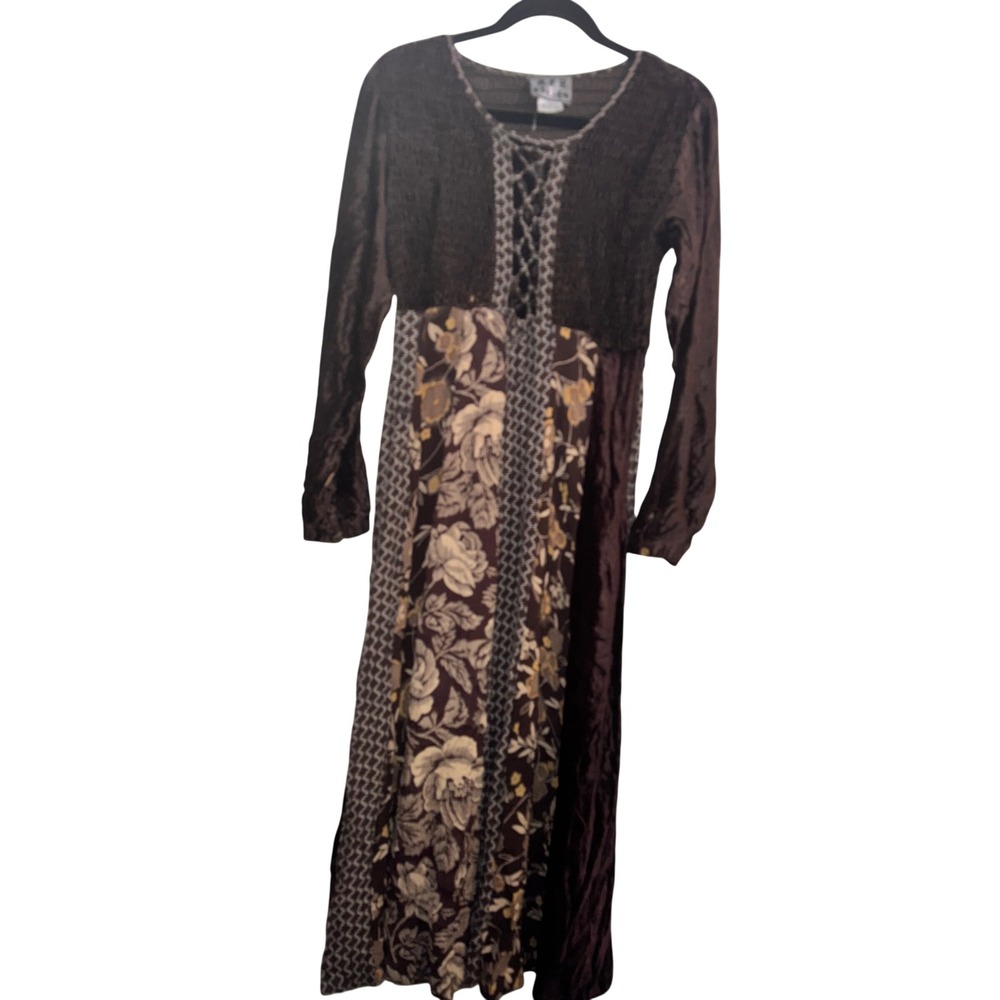 Vtg M.P.H. L Brown Velvet Floral Patchwork Maxi Dress Lace Up Boho 90s FLAW